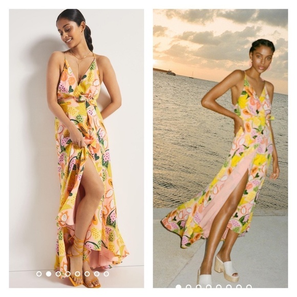 HUTCH x Anthropologie Yellow Fruit Print Hi Low Maxi Wrap Dress XL NWT - Picture 1 of 9